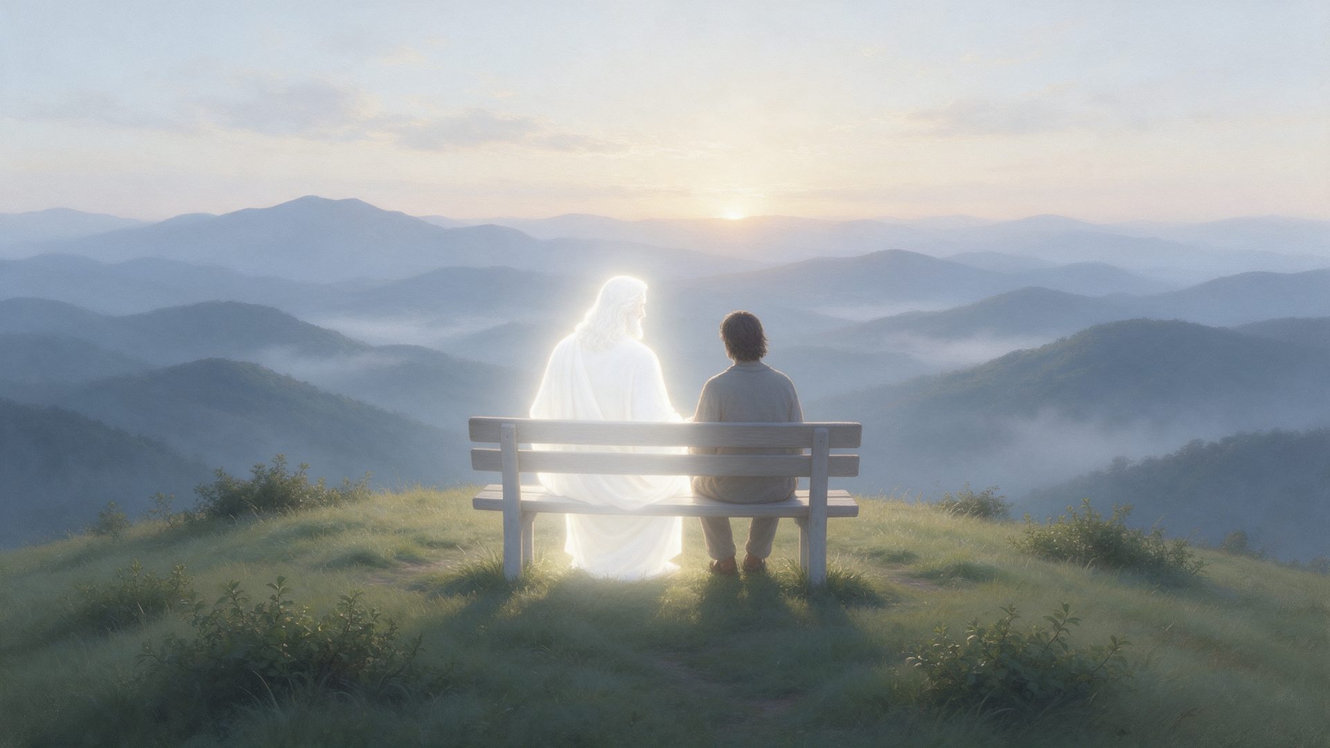 Seen from behind, a person sits on a bench on a grassy hilltop at sunrise beside a shining white figure of God, with misty mountains stretching to the horizon